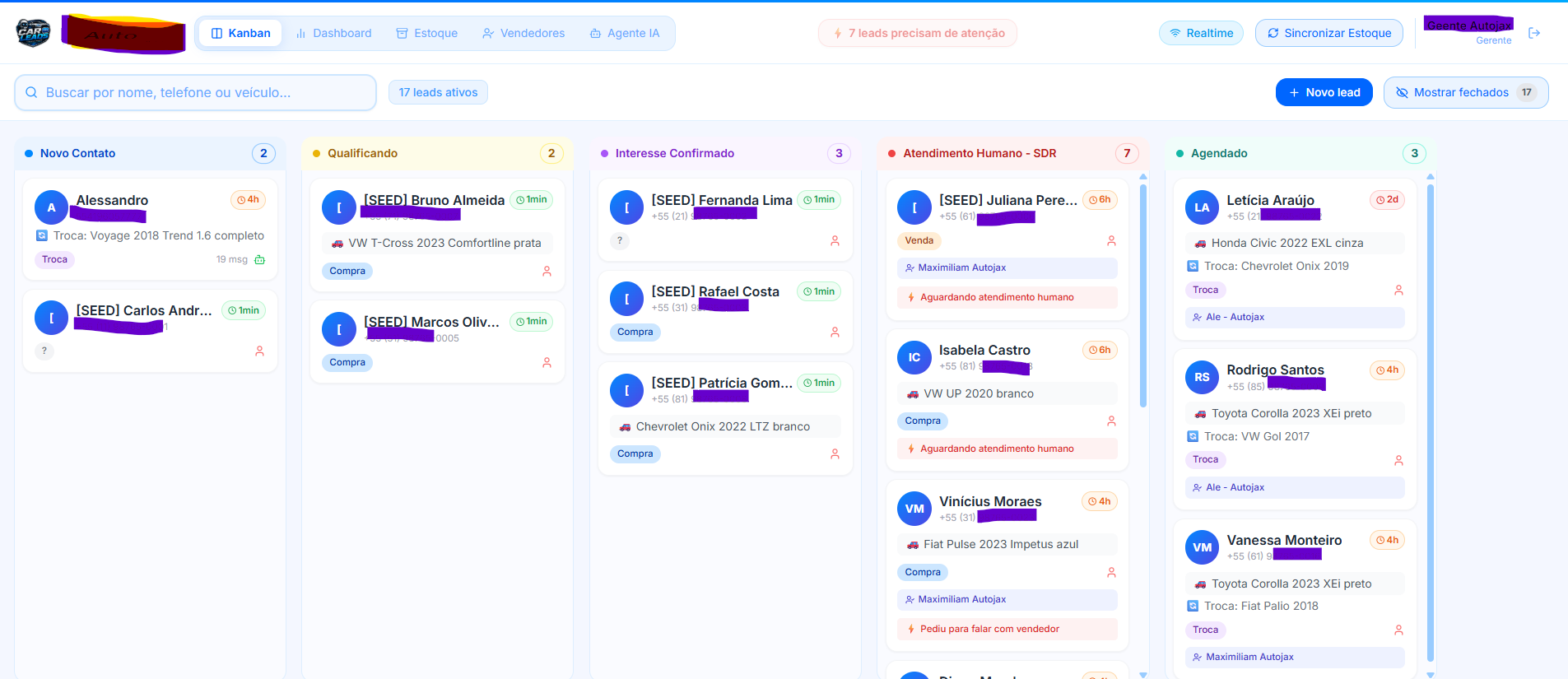 CRM Kanban — pipeline de leads em tempo real