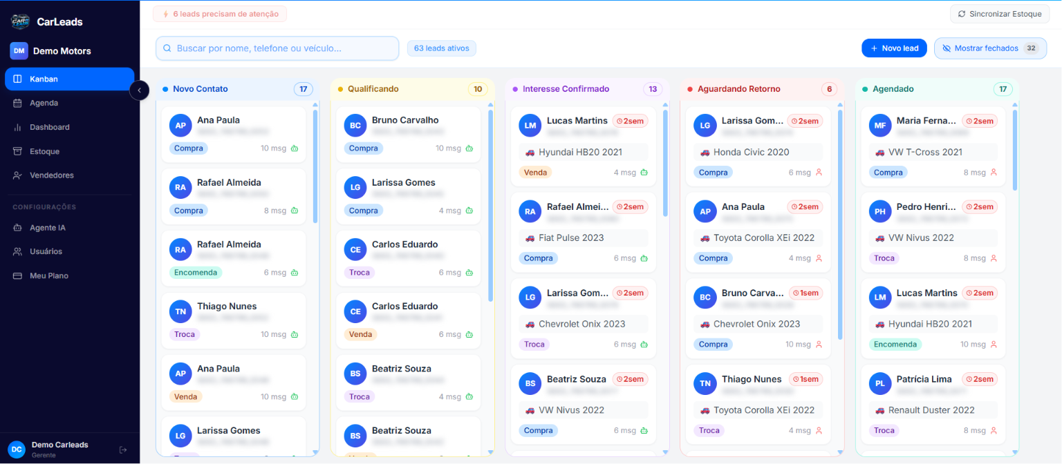 CRM Kanban — pipeline de leads em tempo real